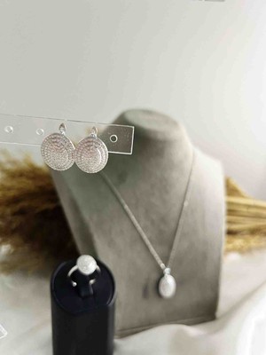 Generic 925 Ayar Gümüş Üçlü Set -  Küpe - Kolye ve Yüzük Seti Oval Model