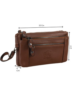 Westpolo Vegan Deri Çift Bölmeli Bilek ve El Tutamaçlı Unisex El Çantası - Taba