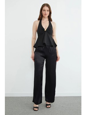 FullaModa Beli Lastikli Cepli Palazzo Saten Pantolon