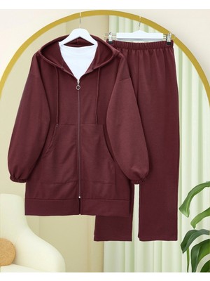 Modamorfo Fermuarlı Kapşonlu Penye Takım      -Bordo