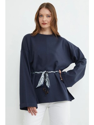 FullaModa Kemerli Yırtmaçlı Geniş Kol Tunik