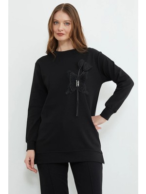 FullaModa Kelebek Nakışlı Taşlı Bisiklet Yaka Tunik
