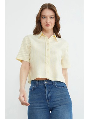 FullaModa Çizgili Oversize Crop Gömlek