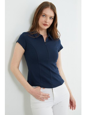 FullaModa Basic Yarım Fermuarlı Polo Yaka Slim Fit Tişört