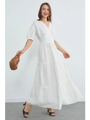 FullaModa Beli Gipeli Müslin Kumaş Maxi Boy Elbise