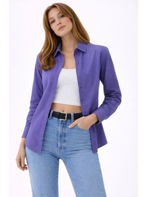 Marsilyan Kadın Uzun Kollu Gömlek Düğmeli Klasik Yaka Günlük ve Ofis Şıklığına Uygun - Mor