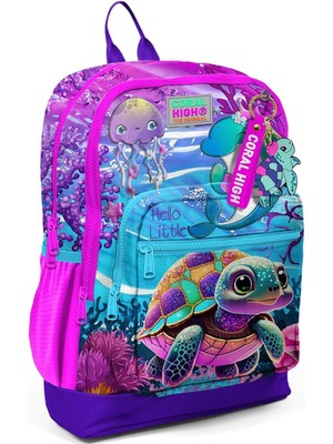 Dört Bölmeli Pembe Mor Kaplumbağa Desenli Ilkokul Sırt Çantası - Kız Çocuk