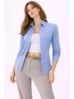 Marsilyan Kadın Uzun Kollu Gömlek Düğmeli Klasik Yaka Günlük ve Ofis Şıklığına Uygun - Mavi