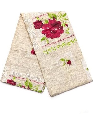 Kırmızı Gül Desenli Bej Pamuklu Masa Örtüsü