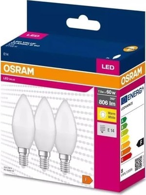 LED Value CLB60 7,5W/827 3'lü E14 Duy Sarı Işık 2700K LED Mum Ampul