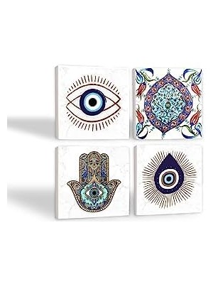 Nazar, Çini Sanatı, Fatma Ana Eli  Taş Bardak Altlığı Seti - 4 Parça - Dekoratif, Rustik Mutfak Aksesuarı, 10X10 Cm, Kaydırmaz Tabanlı, Şık ve Dayanıklı SC410