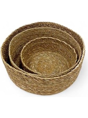 3'lü Rustik El Yapımı Doğal Yuvarlak Hasır Düzenleyici Seti | 3'lü Hasır Yuvarlak Organizer Seti – Dekoratif, Çok Amaçlı ve Dayanıklı Sepetler (30X12CM – 25X10CM – 20X8CM)