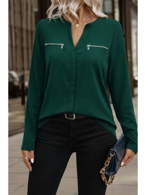 Pusula Sepeti Kadın Uzun Kollu V Hakim Yaka Fermuar Detaylı Viskon Bluz