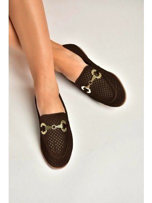 Fox Shoes Y291262402 Kahverengi Süet Toka Detaylı Kadın Babet