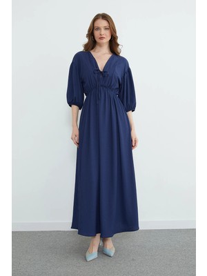 FullaModa Önü Bağlamalı Beli Lastikli Maxi Boy Elbise