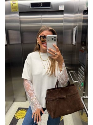 Emh Store Kadın Bisiklet Yaka Kolları Dantel Güpür Detay Bluz