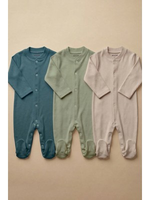Noone Pamuklu Geniş Kalıp 3'lü Bebek Tulum Seti - Haki, Nefti, Vizon - Pratik Çıtçıtlı Patikli Tulum