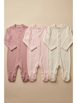 Noone Pamuklu Geniş Kalıp 3'lü Bebek Tulum Seti - Gül Kurusu, Pudra, Comfy Ekru - Pratik Çıtçıtlı Patikli