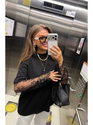 Mericline Kadın Bisiklet Yaka Kolları Dantel Güpür Detay Bluz