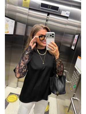 Barış Beauty Kadın Bisiklet Yaka Kolları Dantel Güpür Detay Bluz