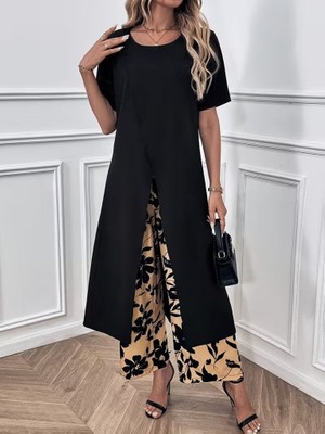 Bizcomoda Kadın Kısa Kollu Önden Çapraz Detaylı Viskon Uzun Bluz ve Desenli Iki Iplik Pantolon Ikili Takım