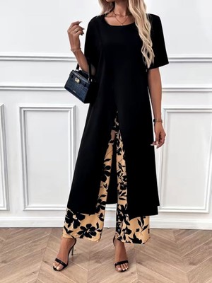 Meğdaix Kadın Kısa Kollu Önden Çapraz Detaylı Viskon Uzun Bluz ve Desenli Iki Iplik Pantolon Ikili Takım