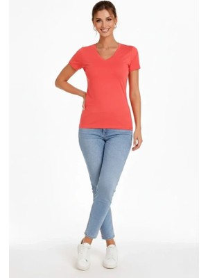Asyahsap T-Shirt V Yaka Slim Fit Likralı Tişört Günlük Basic Body - Nar Çiçeği