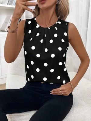 Infivento Kadın Askılı Yakası Büzgülü Puantiyeli Atlas Bluz