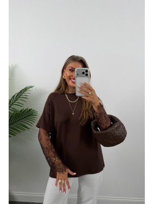 Cottonlab Kadın Bisiklet Yaka Kolları Dantel Güpür Detay Bluz