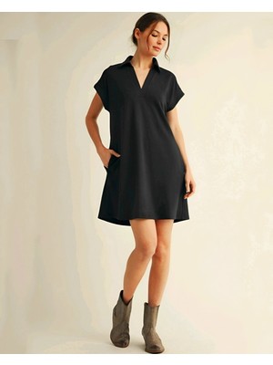 Modamorfo Gömlek Yaka Cepli Süprem Penye Elbise -Siyah