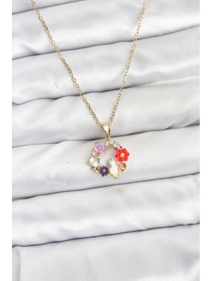 Marsilyan 316L Çelik Zincir Gold Renk Çiçekli Kedili Model Kadın Kolye - TJ-BKO10871