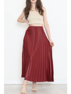 Zarif Pileli Parlak Krep Gizli Lastikli Bordo Etek