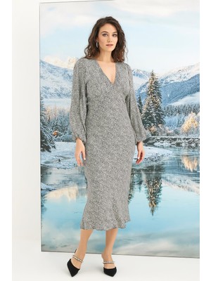 İlkyaz Fashion  %100 Viskon Desenli Uzun Kollu Saten Elbise
