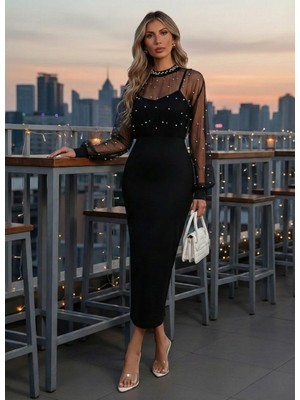 Bizcomoda Kadın Uzun Kollu Halka Yaka Tül Inci Detaylı Uzun Ithal Krep Elbise