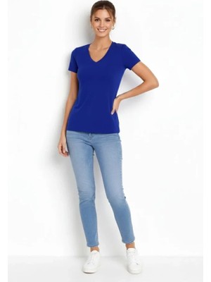 Bizcomoda T-Shirt V Yaka Slim Fit Likralı Tişört Günlük Basic Body - Indigo