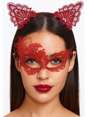 Marsilyan Gizeemli Kırmızı Dantel Maske ve Taç Seti 1 No - Kostüm Seti