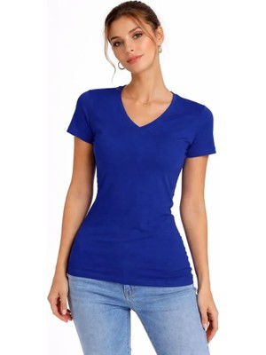 Gacha T-Shirt V Yaka Slim Fit Likralı Tişört Günlük Basic Body - Indigo