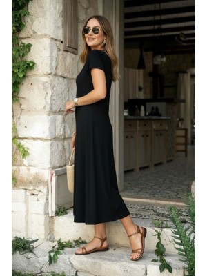 Infivento Kadın Kısa Kollu V Yakalı Yırtmaçlı Midi Viskon Elbise