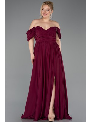 Abiyefon Kayık Yaka Uzun Şifon Büyük Beden Abiye ABU3738