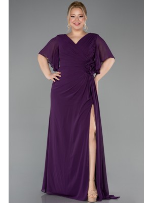 Abiyefon Kısa Kol Yırtmaçlı Uzun Şifon Büyük Beden Abiye ABU4911