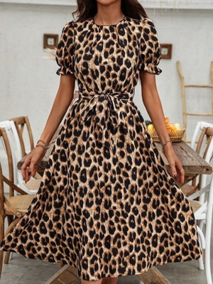 Civetta Kadın Kısa Kollu Yakalı Belden Kuşaklı Leopar Desenli Midi Süprem Elbise