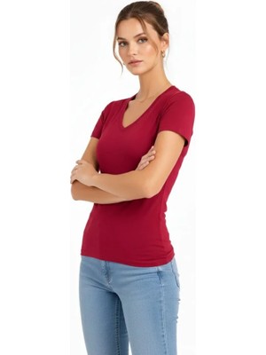 Pusula Sepeti T-Shirt V Yaka Slim Fit Likralı Tişört Günlük Basic Body - Bordo