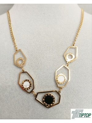 Tiptop Ticaret Siyah-Beyaz Mine Detaylı Gold Renk Kolye