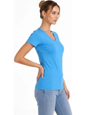 Ezel Glory T-Shirt V Yaka Slim Fit Likralı Tişört Günlük Basic Body - Açık Mavi