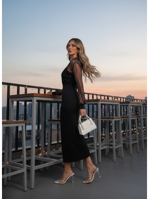 Bi Baksana Kadın Uzun Kollu Halka Yaka Tül Inci Detaylı Uzun Ithal Krep Elbise