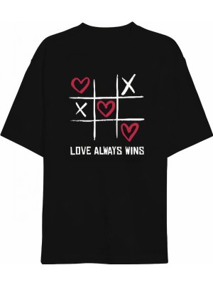 Marsilyan Sevgililer Günü Için Özel Tasarım Love Always Wıns Baskılı T-Shirt - Siyah -