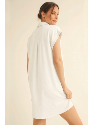 Modamorfo Gömlek Yaka Cepli Süprem Penye Elbise -Beyaz