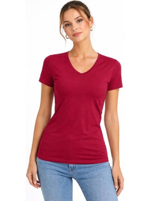 Marsilyan Kadın T-Shirt V Yaka Slim Fit Likralı Tişört Günlük Basic Body - Bordo