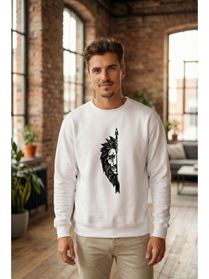 Marsilyan Sevgililer Günü Özel Bisiklet Yaka Aslan Baskılı Oversize Sweatshirt - Beyaz