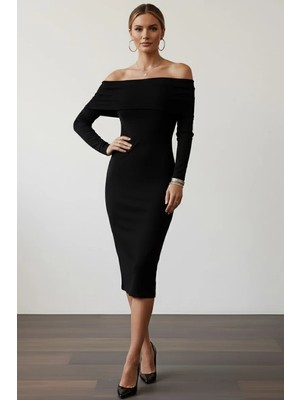 Modanı Seç Kadın Siyah Madonna Yaka Sandy Kumaş Esnek Midi Boy Uzun Kollu Elbise